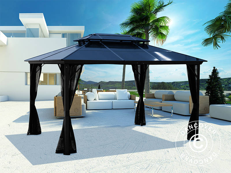 Santa Ana pavillon med gardiner og myggenet, 3x4m, sort