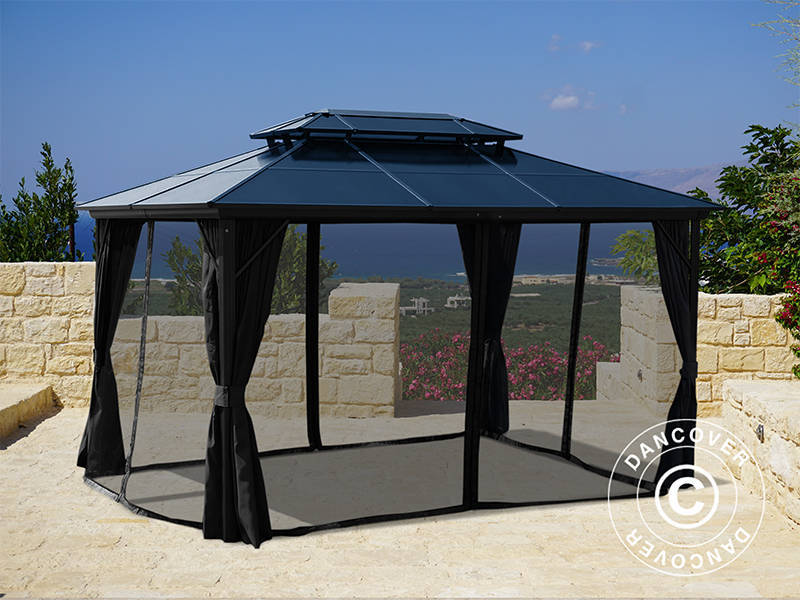 Santa Ana pavillon med gardiner og myggenet, 3x4m, sort