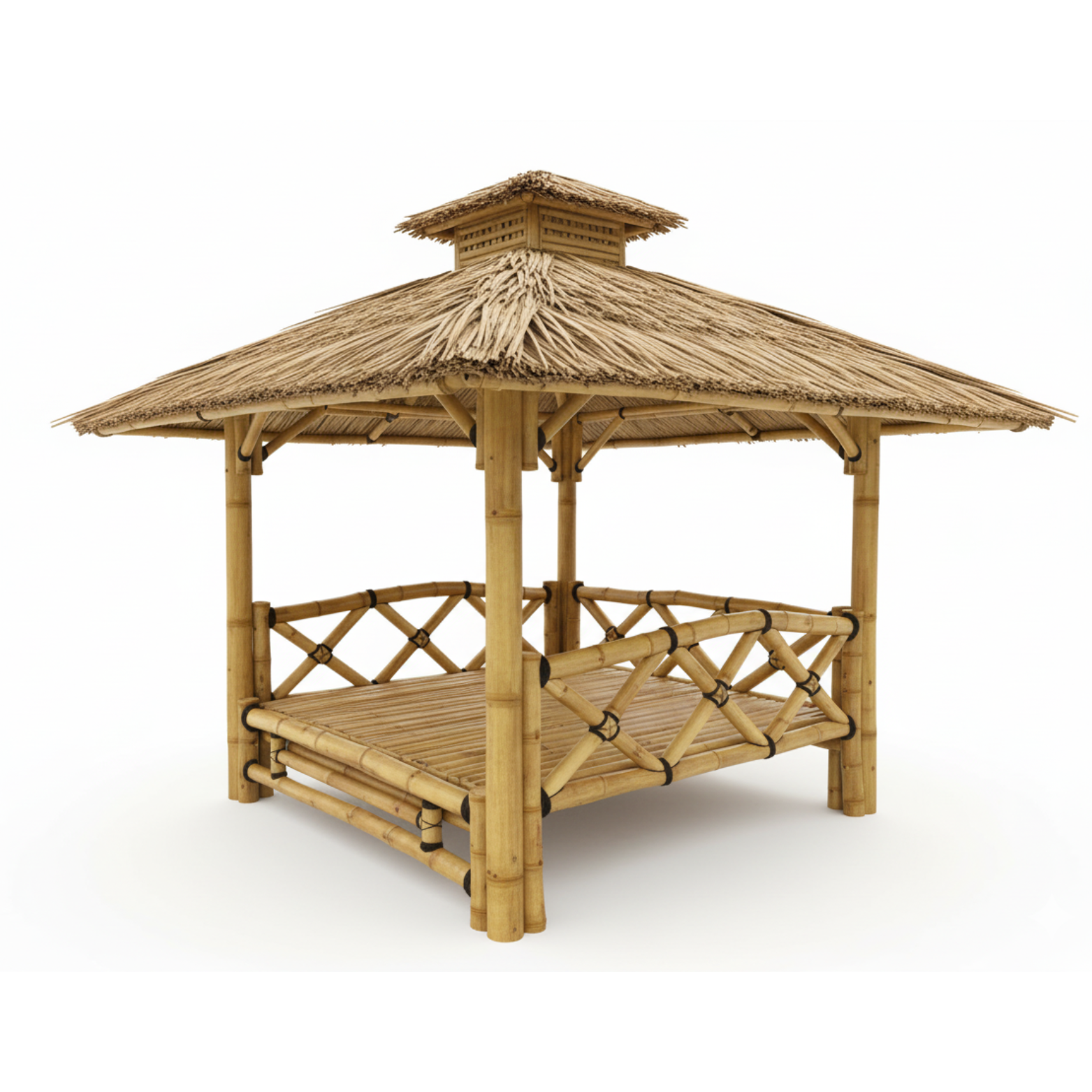 Gazebo i bambus i topkvalitet med hvileplatform, traditionel konstruktion og naturlige finishes til haven
