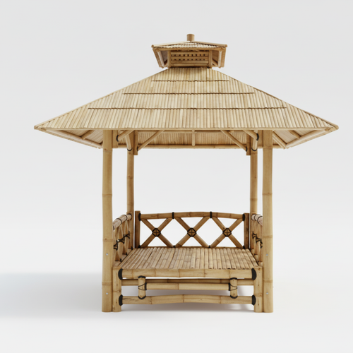 Traditionel bambusgazebo inspireret af Bali med hævet platform, vandtæt tag og indbygget naturlig luftcirkulation