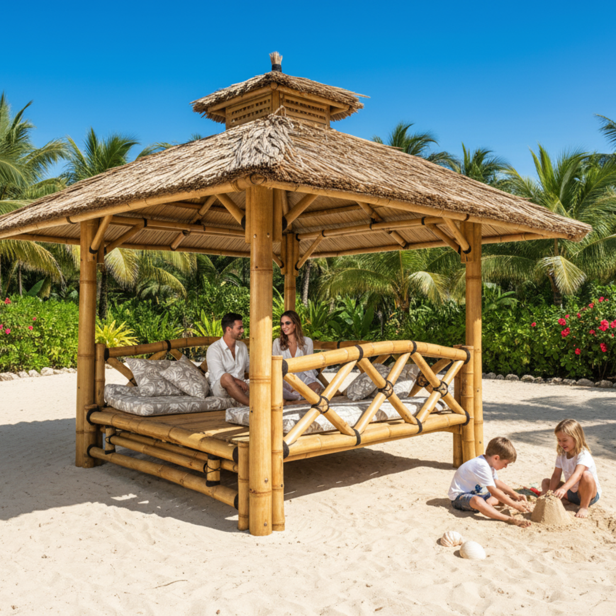 Bambushytte med Hævet Gulv | Balinesisk Gazebo & Pergola med Tag i Bambus eller Palme | 250x250 & 300x300 cm
