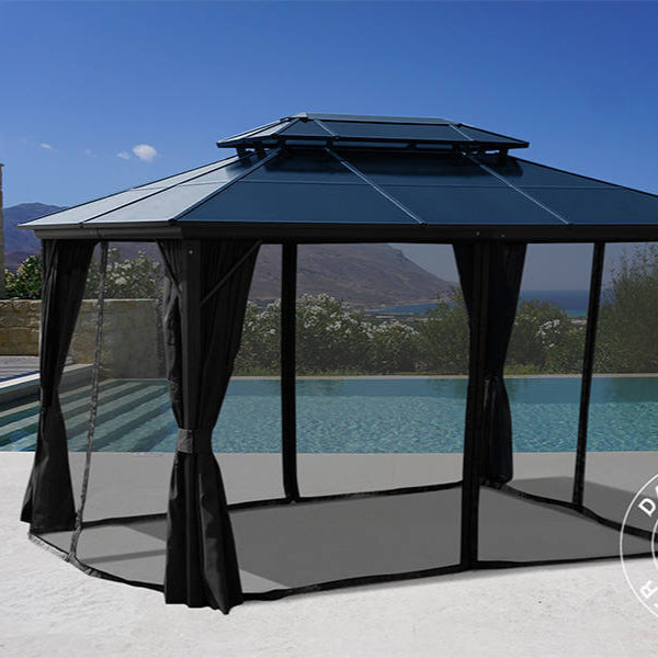 Santa Ana pavillon med gardiner og myggenet, 3x4m, sort
