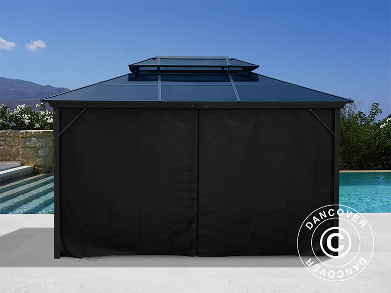 Santa Ana pavillon med gardiner og myggenet, 3x4m, sort