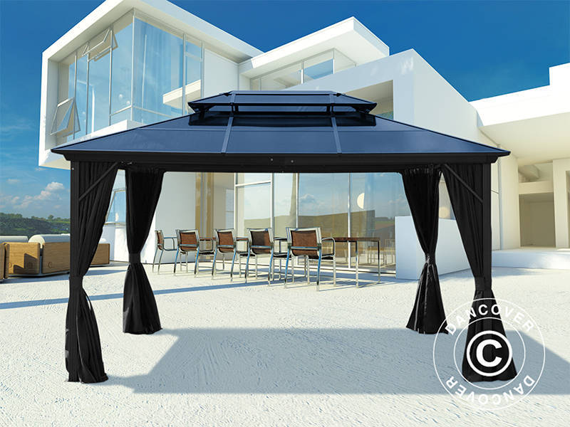 Santa Ana pavillon med gardiner og myggenet, 3x4m, sort