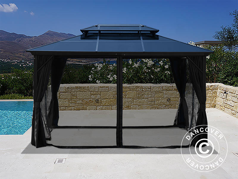 Santa Ana pavillon med gardiner og myggenet, 3x4m, sort