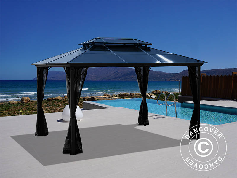 Santa Ana pavillon med gardiner og myggenet, 3x4m, sort