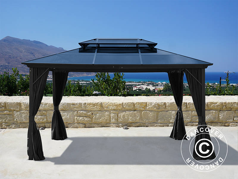 Santa Ana pavillon med gardiner og myggenet, 3x4m, sort