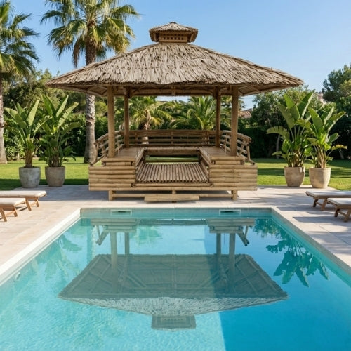 Bambushytte med Bænke M2 | Gazebo & Pergola Natur med Borde | Tag i Bambus eller Palme | 250x250 & 300x300 cm