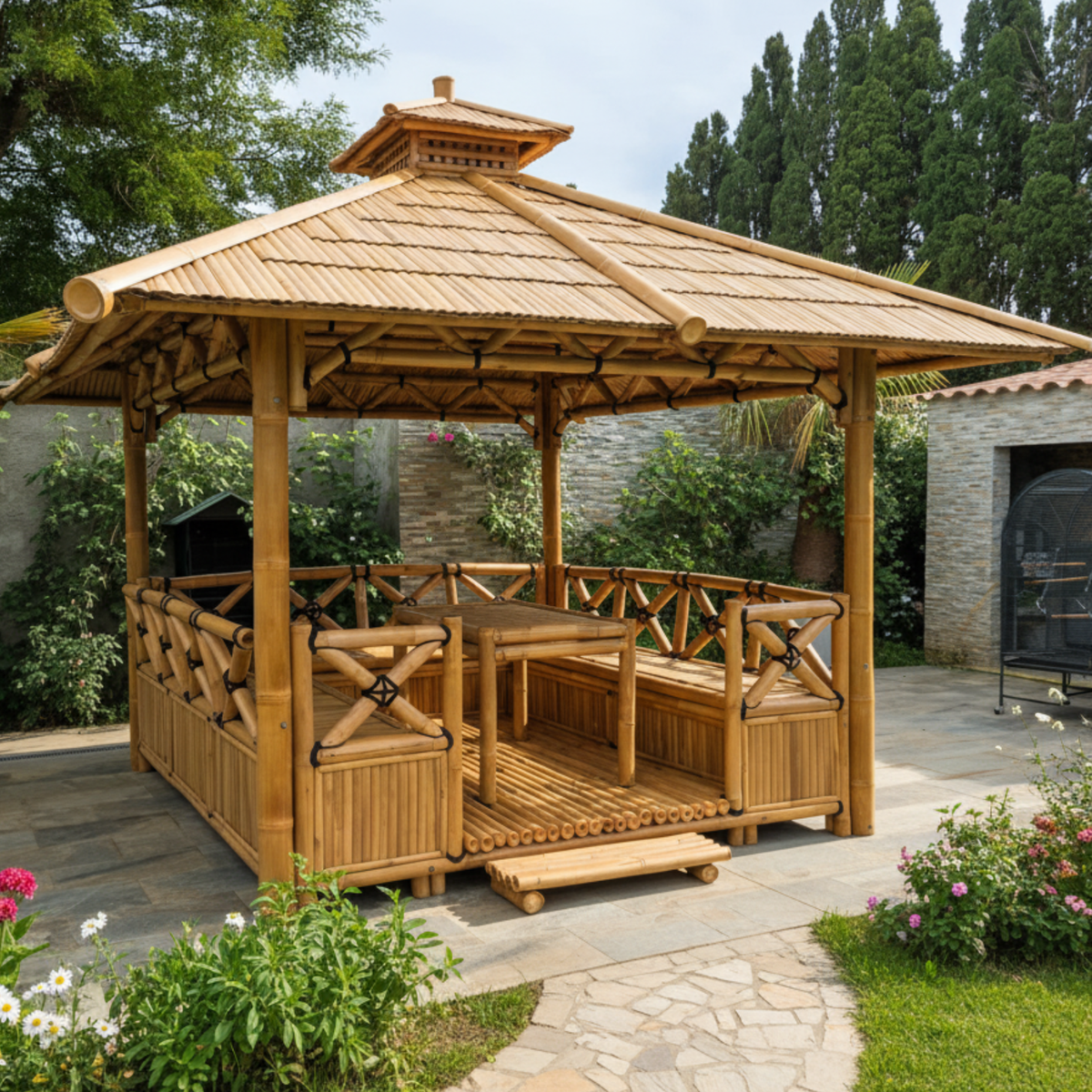 Bambushytte med Bænke M1 | Gazebo & Pergola Natur med Spiseplads | Tag i Bambus eller Palme | 250x250 & 300x300 cm