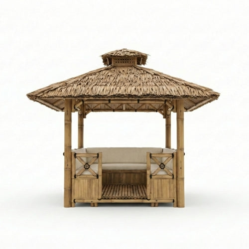Bambushytte med Bænke M1 | Gazebo & Pergola Natur med Spiseplads | Tag i Bambus eller Palme | 250x250 & 300x300 cm