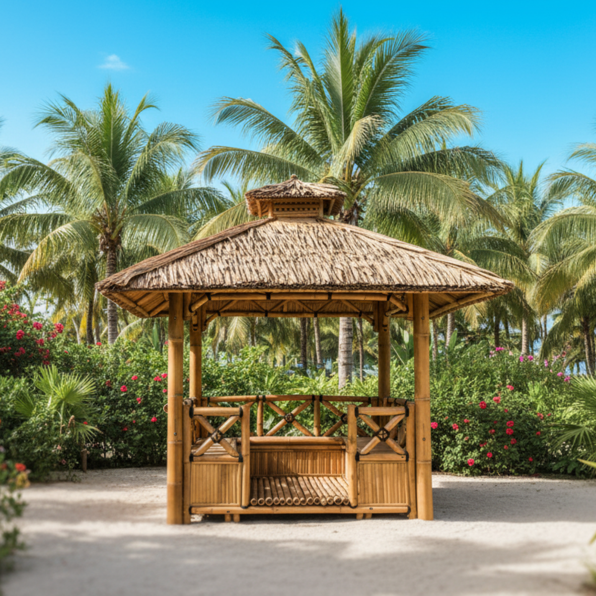 Bambushytte med Bænke M1 | Gazebo & Pergola Natur med Spiseplads | Tag i Bambus eller Palme | 250x250 & 300x300 cm