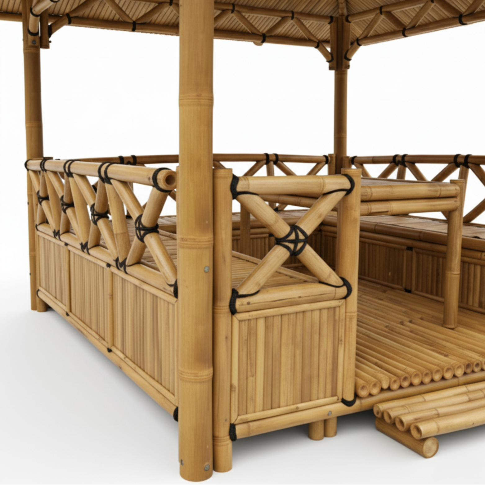 Bambushytte med Bænke M1 | Gazebo & Pergola Natur med Spiseplads | Tag i Bambus eller Palme | 250x250 & 300x300 cm