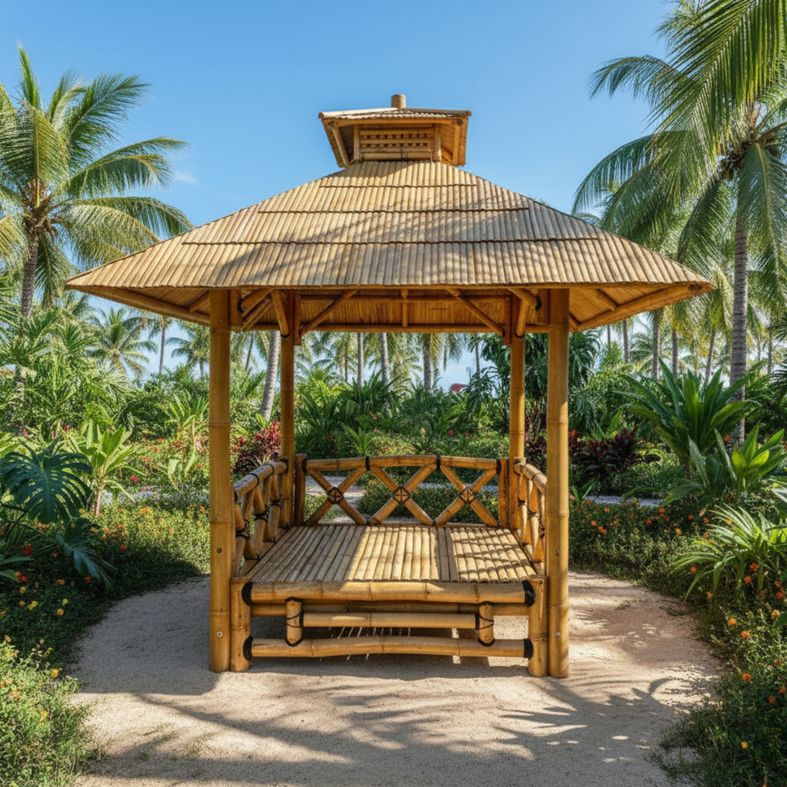 Bambushytte med Hævet Gulv | Balinesisk Gazebo & Pergola med Tag i Bambus eller Palme | 250x250 & 300x300 cm