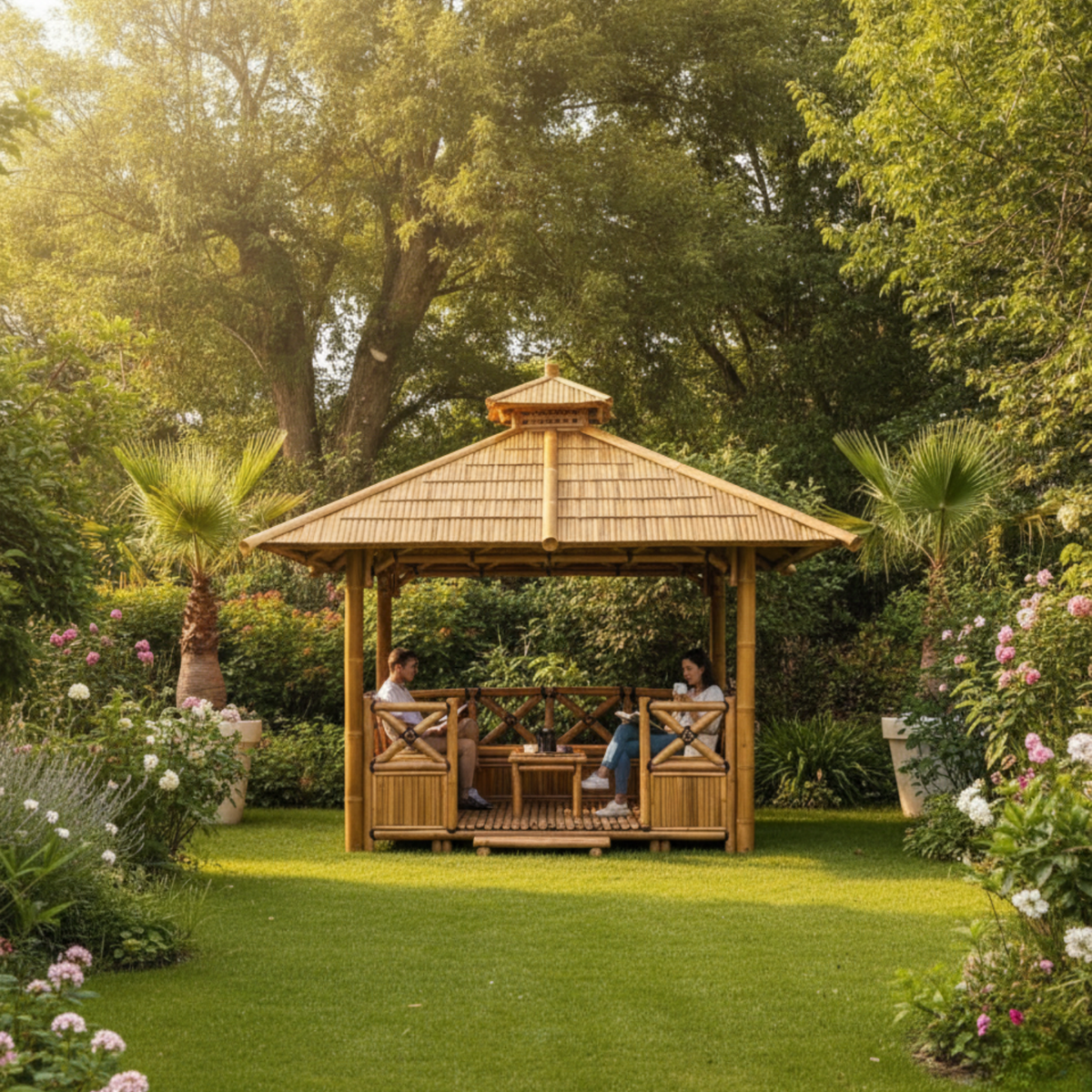 Bambushytte med Bænke M1 | Gazebo & Pergola Natur med Spiseplads | Tag i Bambus eller Palme | 250x250 & 300x300 cm