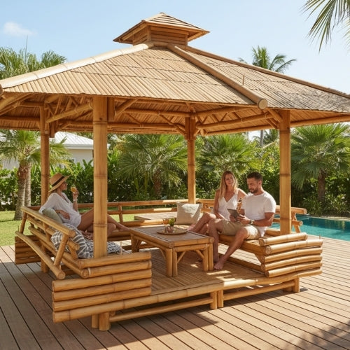 Bambushytte med Bænke M2 | Gazebo & Pergola Natur med Borde | Tag i Bambus eller Palme | 250x250 & 300x300 cm