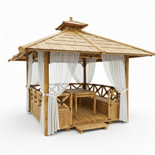 Bambushytte med Bænke M1 | Gazebo & Pergola Natur med Spiseplads | Tag i Bambus eller Palme | 250x250 & 300x300 cm