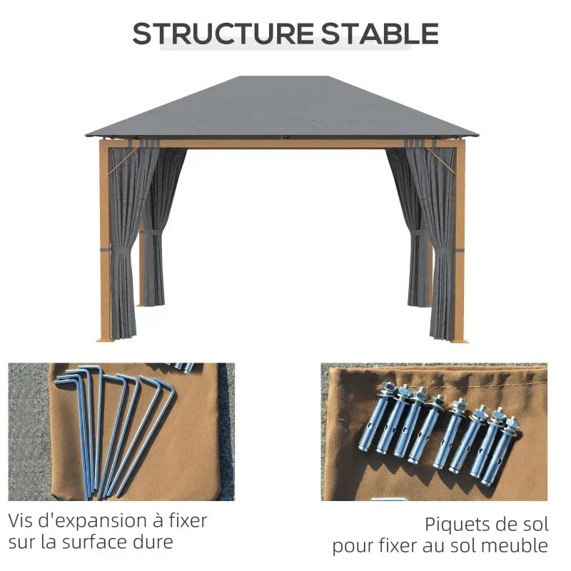 Rektangulær havepavillon med gardiner og tagdug i polyester 4 x 3 m – Aluminiumsstruktur